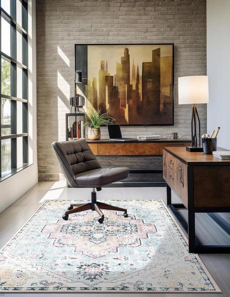 Washable Seaglass Blue and Rose 5' 3 x 7' 9 Medina Rectangle Area Rug Easy to Clean Stain Resistant & Durable Polyester Classic Carpet for Home Decor & Design for Sale at Rug Engine