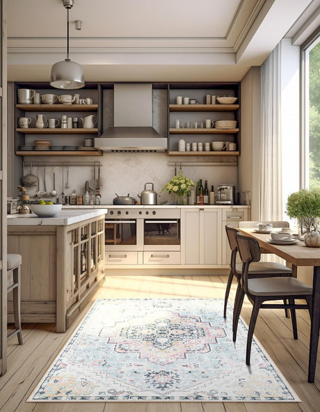 Washable Seaglass Blue and Rose 5' 3 x 7' 9 Medina Rectangle Area Rug Easy to Clean Stain Resistant & Durable Polyester Classic Carpet for Home Decor & Design for Sale at Rug Engine