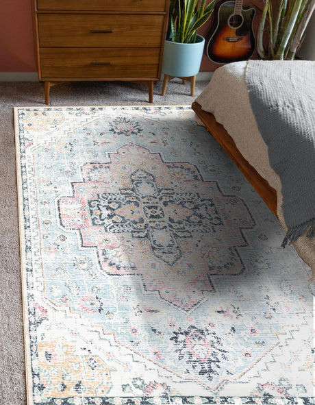 Washable Seaglass Blue and Rose 5' 3 x 7' 9 Medina Rectangle Area Rug Easy to Clean Stain Resistant & Durable Polyester Classic Carpet for Home Decor & Design for Sale at Rug Engine