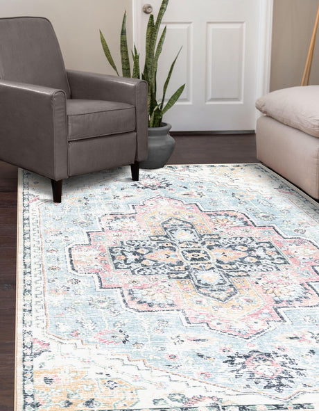 Washable Seaglass Blue and Rose 5' 3 x 7' 9 Medina Rectangle Area Rug Easy to Clean Stain Resistant & Durable Polyester Classic Carpet for Home Decor & Design for Sale at Rug Engine