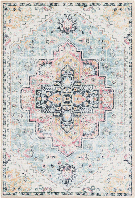 Seaglass Blue and Rose 5' 3 x 8' Medina Washable Rectangle Rug