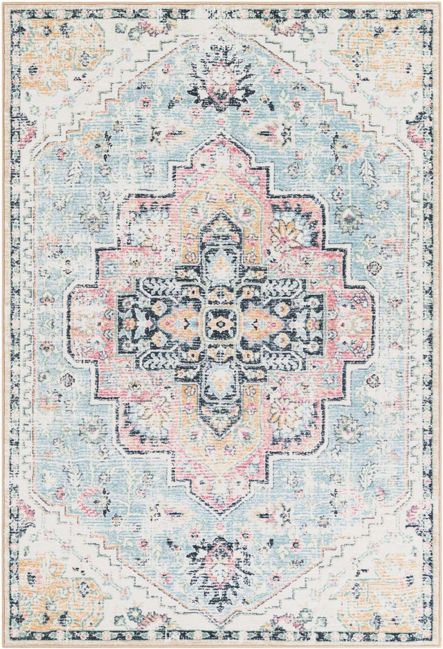 Seaglass Blue and Rose 5' 3 x 8' Medina Washable Rectangle Rug