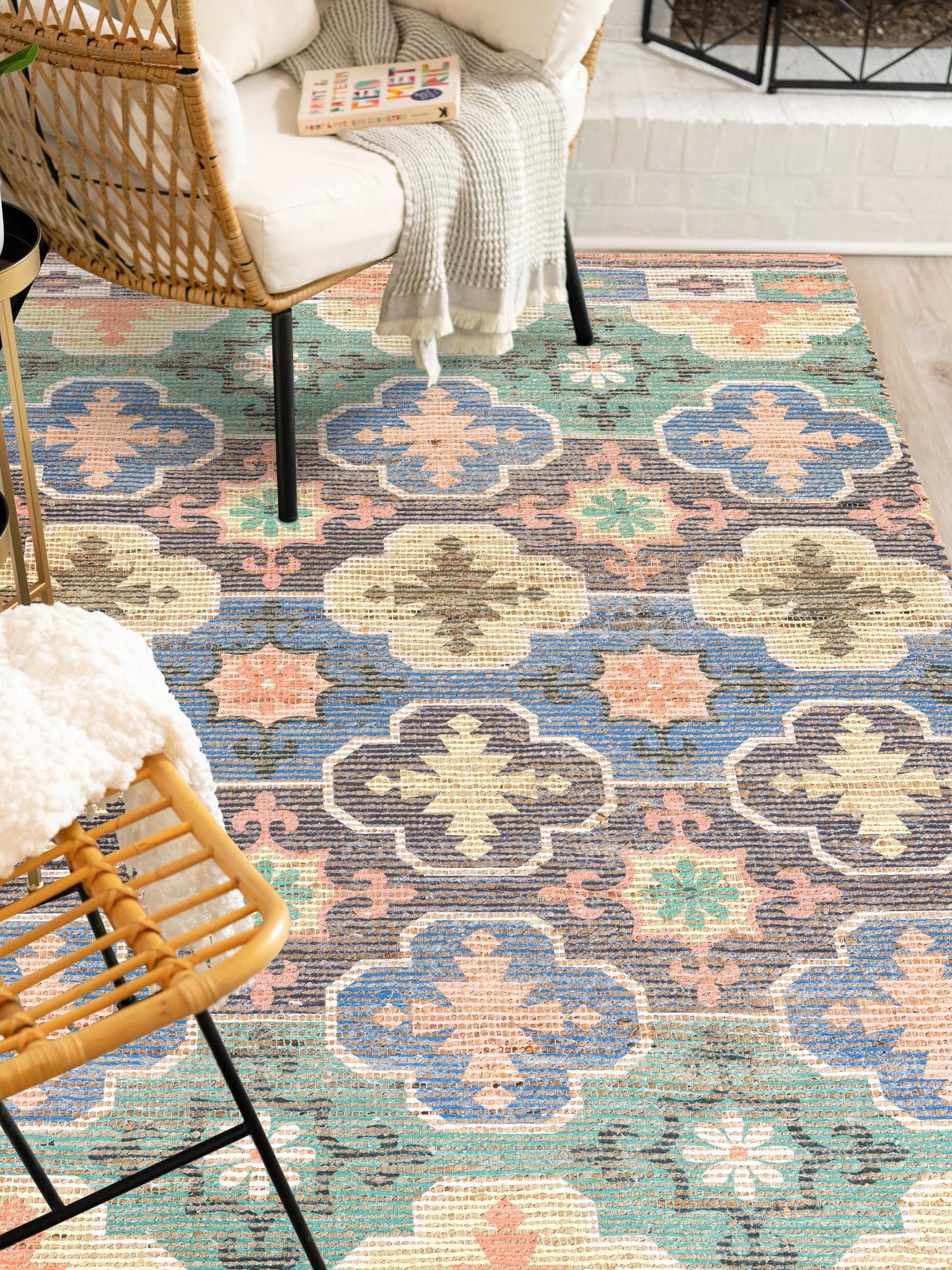 Multicolor 7' 10 x 10' Chenille Jute Rectangle Area Rug Vintage Distressed Boho All Natural Eco-Friendly Sustainable Carpet for Living Dining Office Dorm Rooms for Sale at Rug Engine