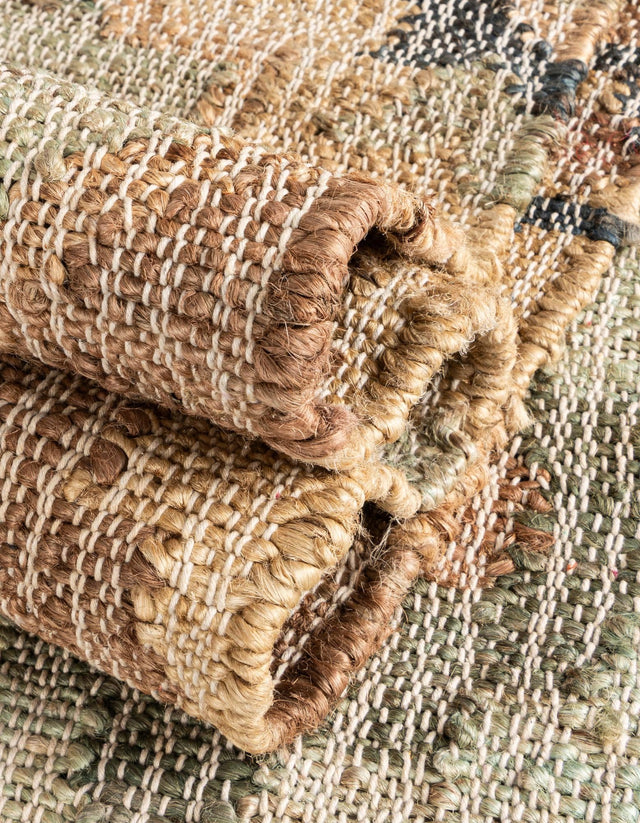Blue and Green 5' 1 x 8' Kala Handwoven Jute Rectangle Area Rug All Natural Pile Eco-Friendly Sustainable Urban Carpet for Rustic Design Interior Home Decor for Sale at Rug Engine