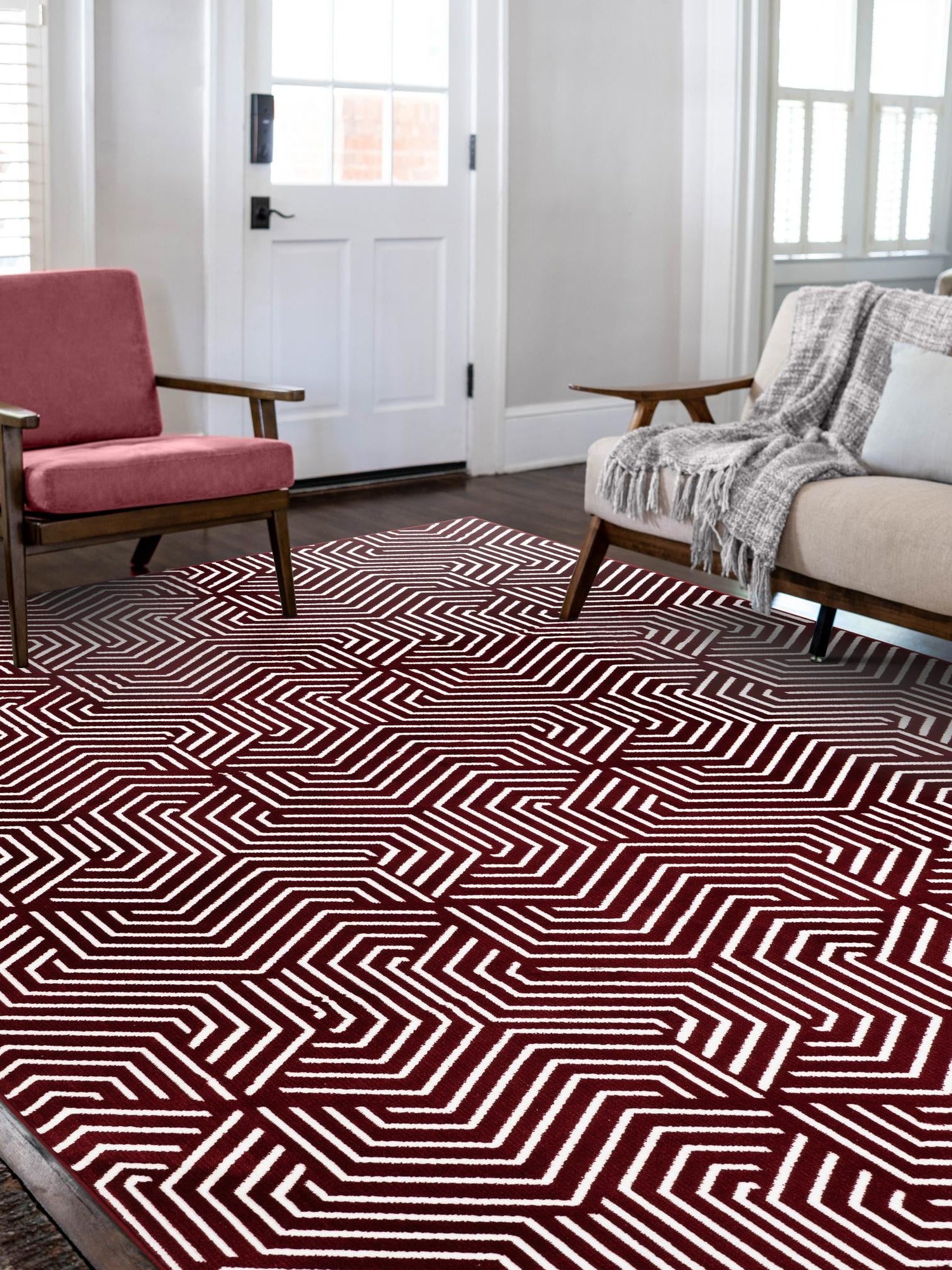Burgundy Red 7' 10 x 10' Aakaar Rectangle Area Rug 85% Polypropylene & 15% Chenille Living Room Bedroom Carpet for Sale at Rug Engine