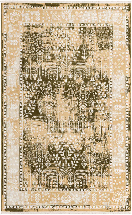 Green and Beige 5' 3 x 8' Narenj Rectangle Area Rug 85% Polypropylene & 15% Polyester Traditional Classic Carpet for Living, Dining, Bedrooms, Office for Sale at Rug Engine