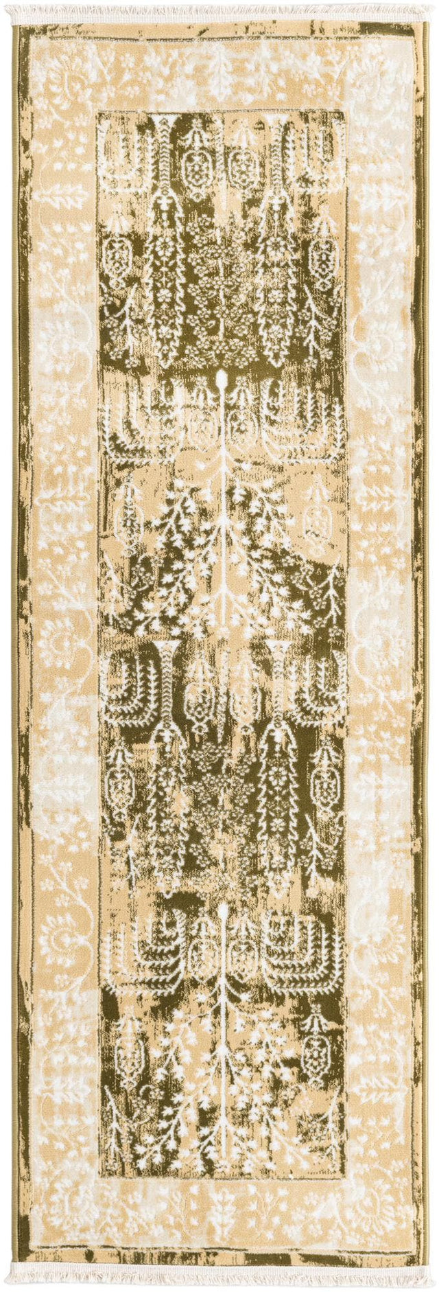 Green and Beige 2' x 6' 1 Narenj Runner Area Rug 85% Polypropylene & 15% Polyester Traditional Classic Carpet for Living, Dining, Bedrooms, Office for Sale at Rug Engine