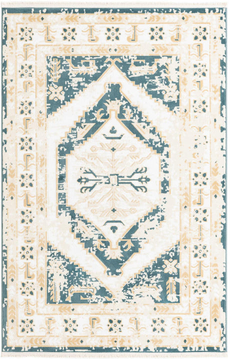 Blue and Ivory 4' 1 x 6' 1 Narenj Rectangle Area Rug 85% Polypropylene & 15% Polyester Traditional Classic Carpet for Living, Dining, Bedrooms, Office for Sale at Rug Engine