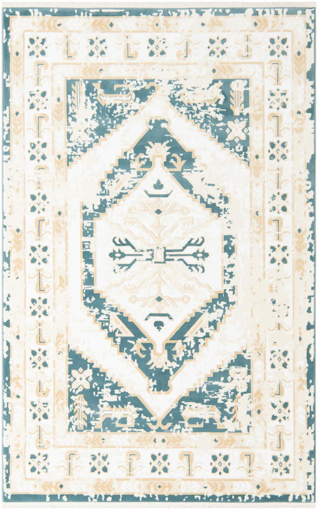 Blue and Ivory 5' 3 x 8' Narenj Rectangle Area Rug 85% Polypropylene & 15% Polyester Traditional Classic Carpet for Living, Dining, Bedrooms, Office for Sale at Rug Engine