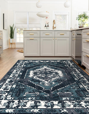 Midnight Blue 7' 10 x 10' Narenj Rectangle Area Rug 85% Polypropylene & 15% Polyester Traditional Classic Carpet for Living, Dining, Bedrooms, Office for Sale at Rug Engine