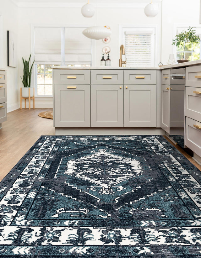 Midnight Blue 5' 3 x 8' Narenj Rectangle Area Rug 85% Polypropylene & 15% Polyester Traditional Classic Carpet for Living, Dining, Bedrooms, Office for Sale at Rug Engine