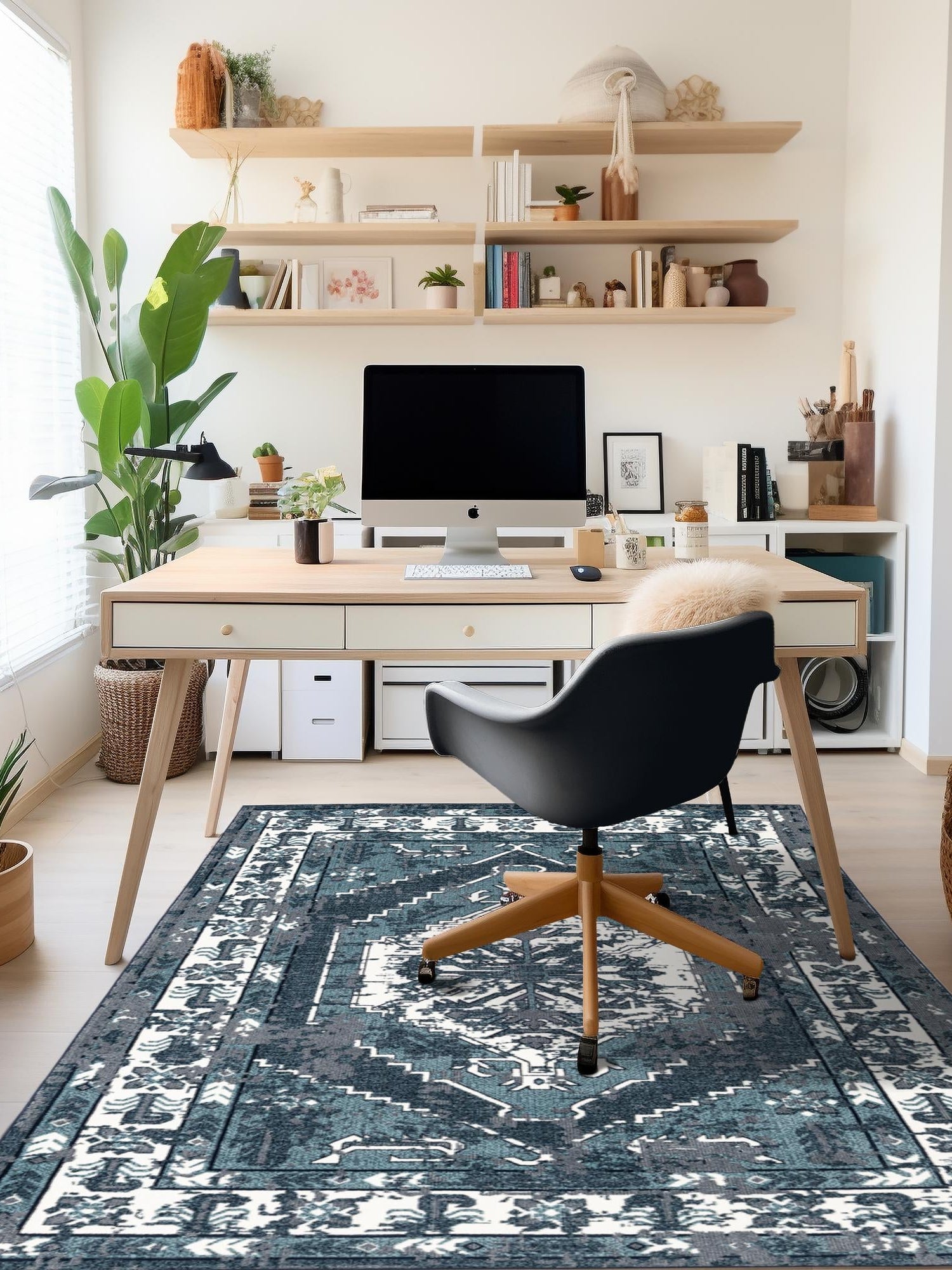 Midnight Blue 5' 3 x 8' Narenj Rectangle Area Rug 85% Polypropylene & 15% Polyester Traditional Classic Carpet for Living, Dining, Bedrooms, Office for Sale at Rug Engine