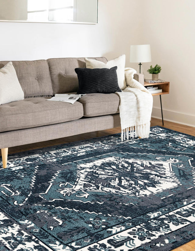 Midnight Blue 7' 10 x 10' Narenj Rectangle Area Rug 85% Polypropylene & 15% Polyester Traditional Classic Carpet for Living, Dining, Bedrooms, Office for Sale at Rug Engine