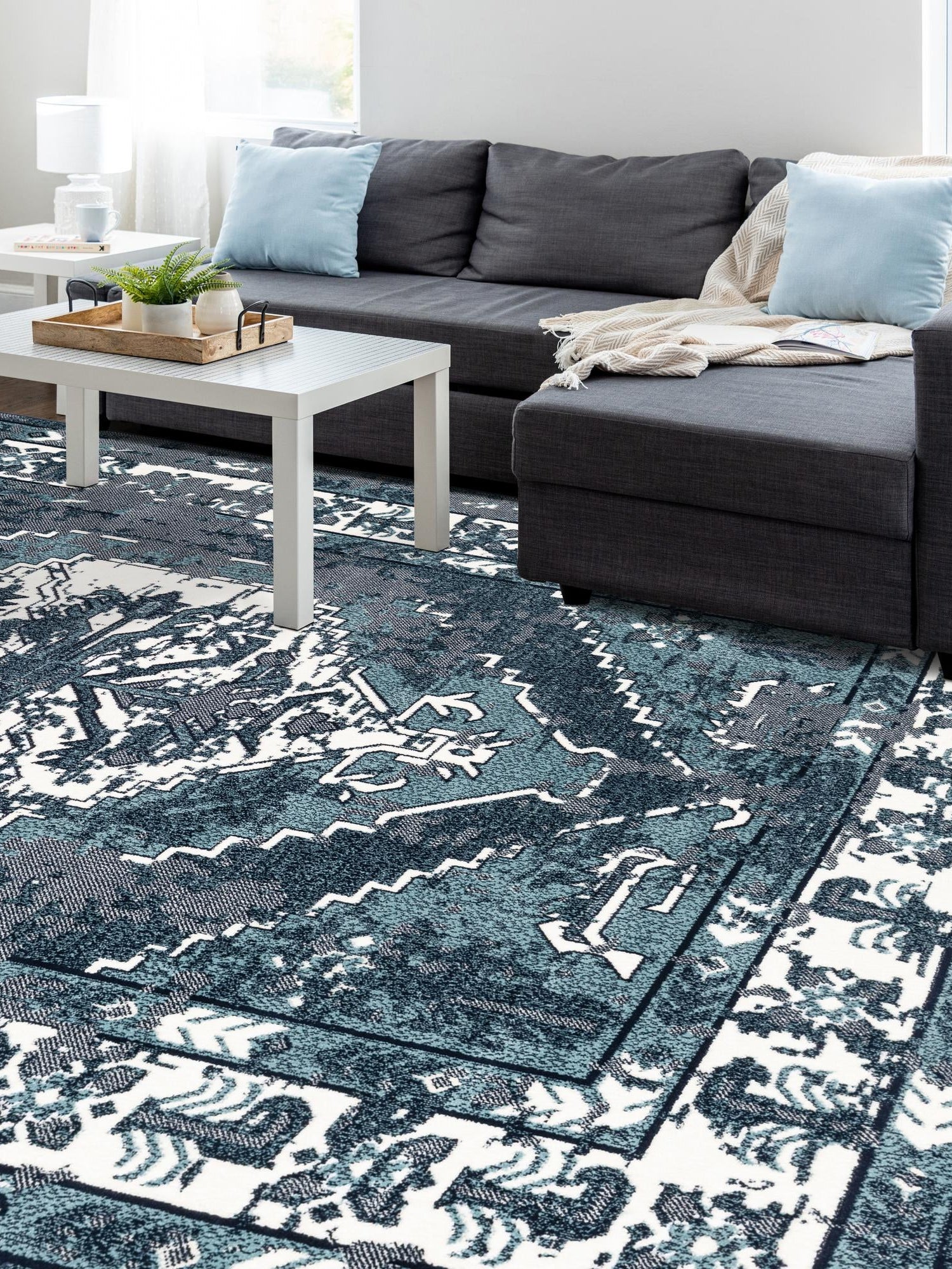 Midnight Blue 7' 10 x 10' Narenj Rectangle Area Rug 85% Polypropylene & 15% Polyester Traditional Classic Carpet for Living, Dining, Bedrooms, Office for Sale at Rug Engine