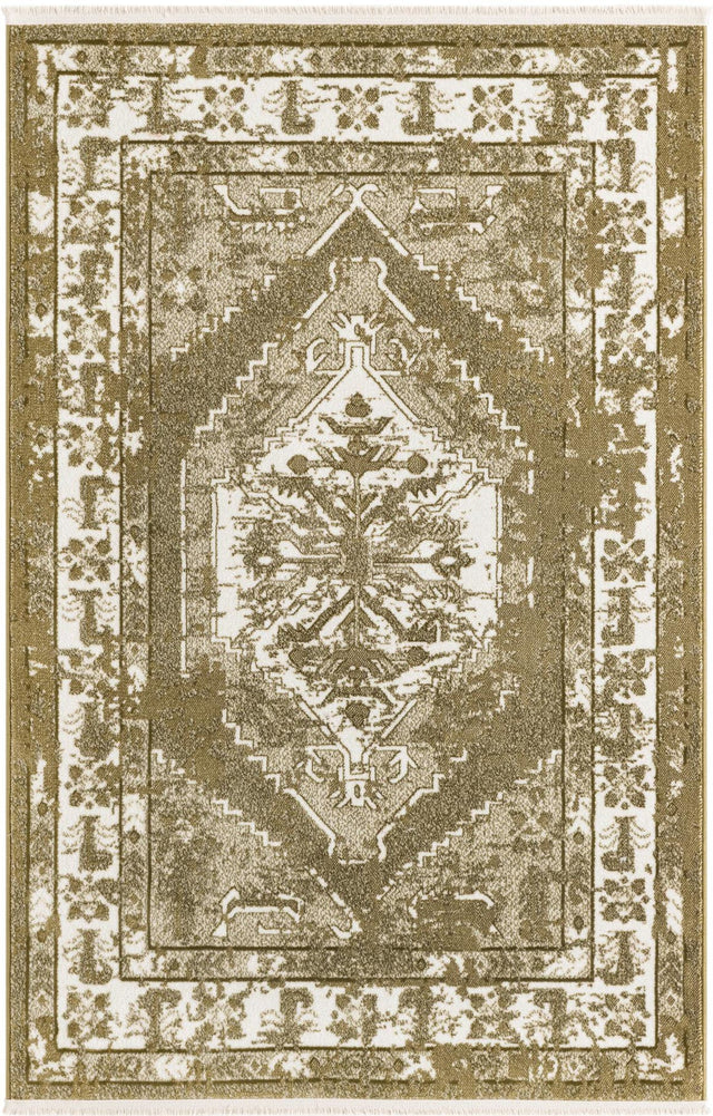 Olive Green 4' 1 x 6' 1 Narenj Rectangle Area Rug 85% Polypropylene & 15% Polyester Traditional Classic Carpet for Living, Dining, Bedrooms, Office for Sale at Rug Engine