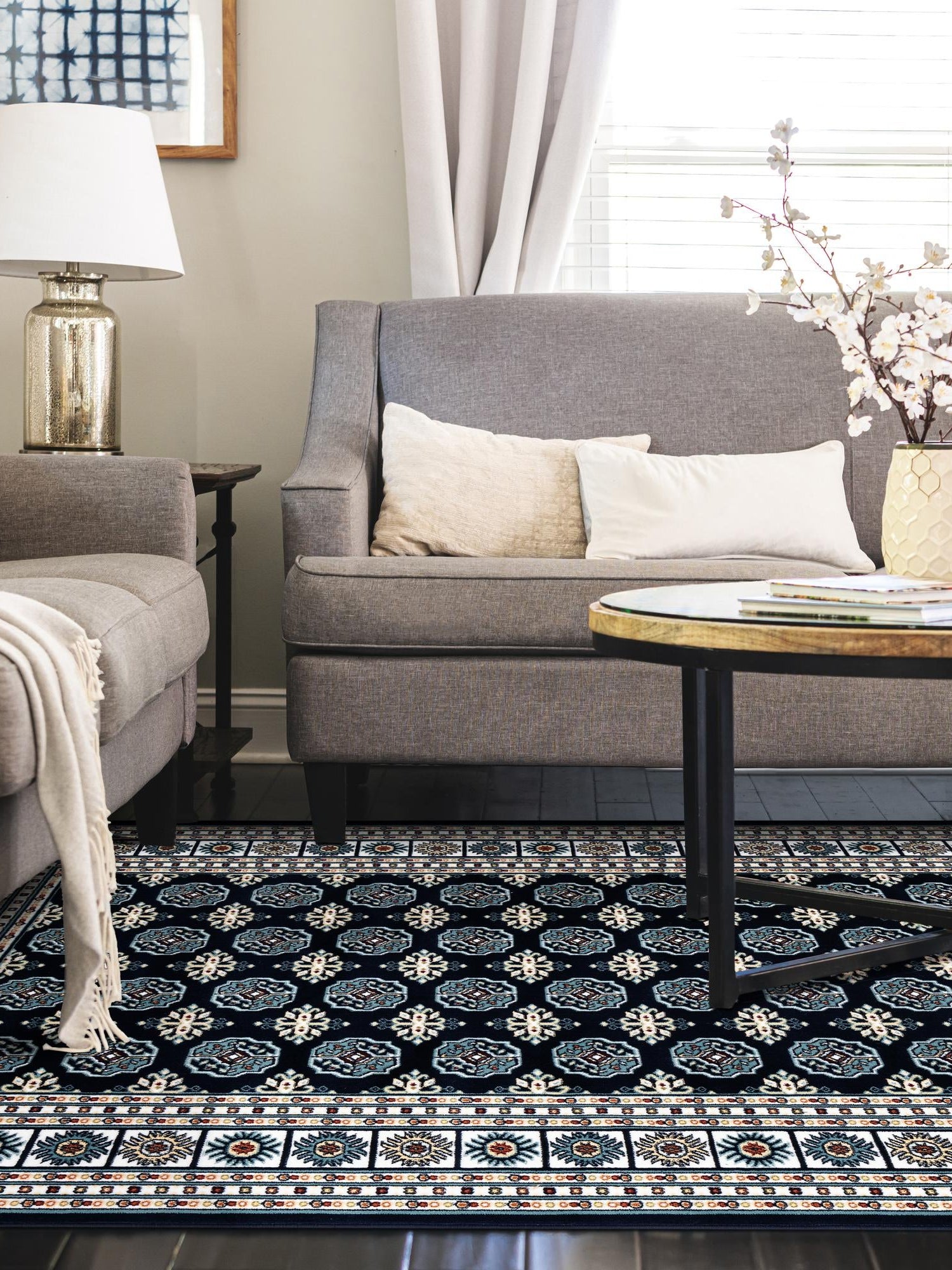 Midnight Blue 5' 3 x 8' Narenj Rectangle Area Rug 85% Polypropylene & 15% Polyester Traditional Classic Carpet for Living, Dining, Bedrooms, Office for Sale at Rug Engine