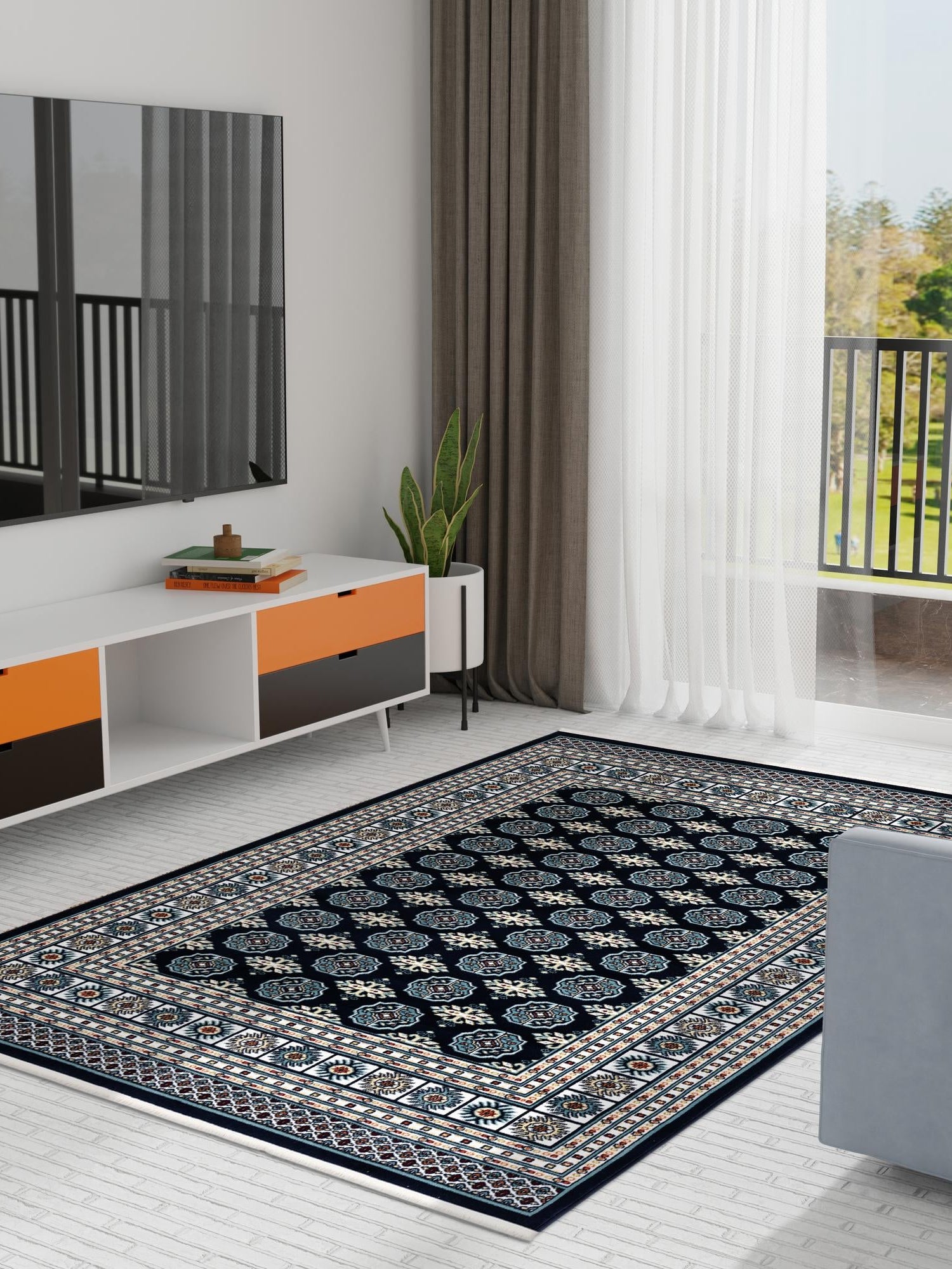 Midnight Blue 5' 3 x 8' Narenj Rectangle Area Rug 85% Polypropylene & 15% Polyester Traditional Classic Carpet for Living, Dining, Bedrooms, Office for Sale at Rug Engine