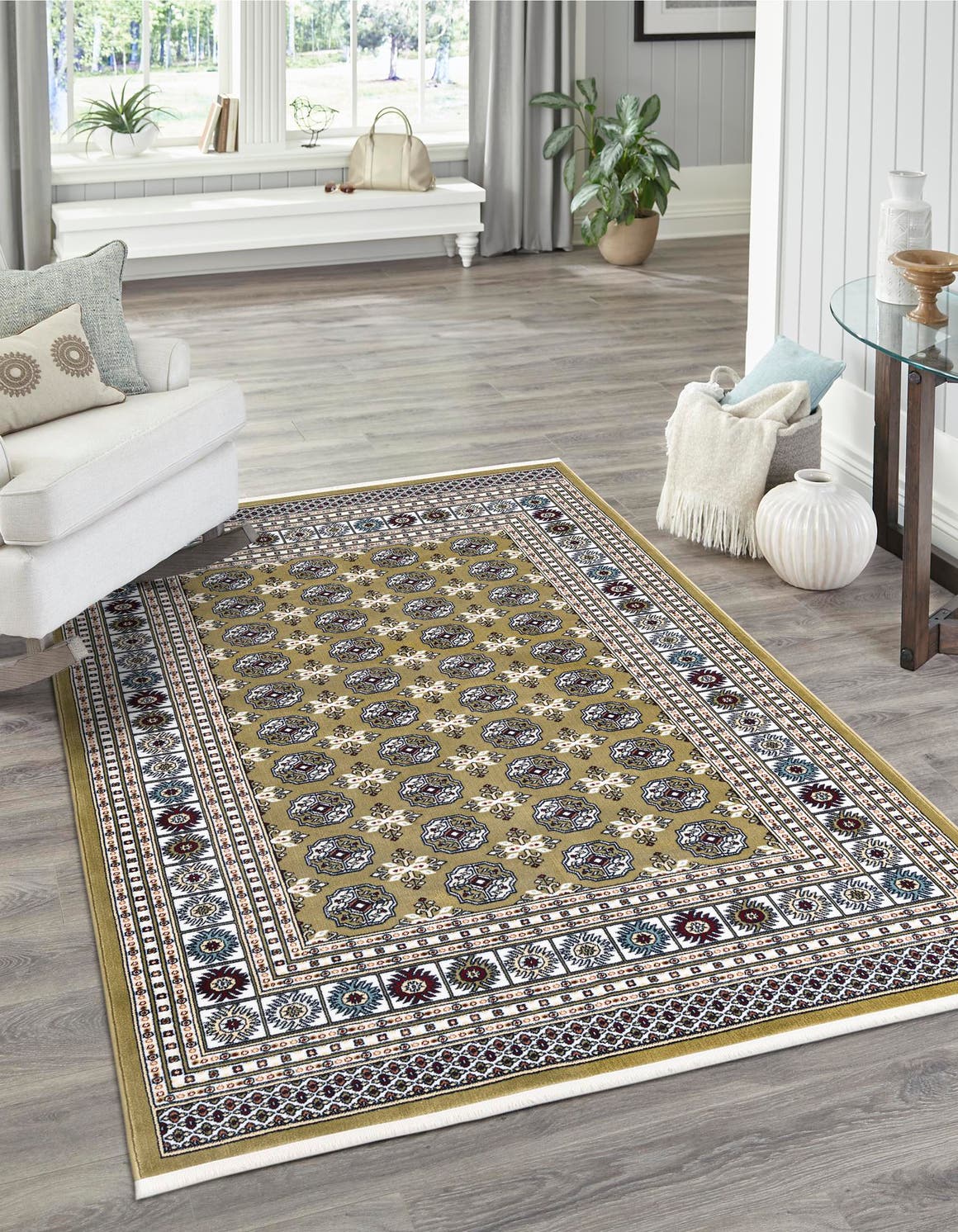 Olive Green 5' 3 x 8' Narenj Rectangle Area Rug 85% Polypropylene & 15% Polyester Traditional Classic Carpet for Living, Dining, Bedrooms, Office for Sale at Rug Engine