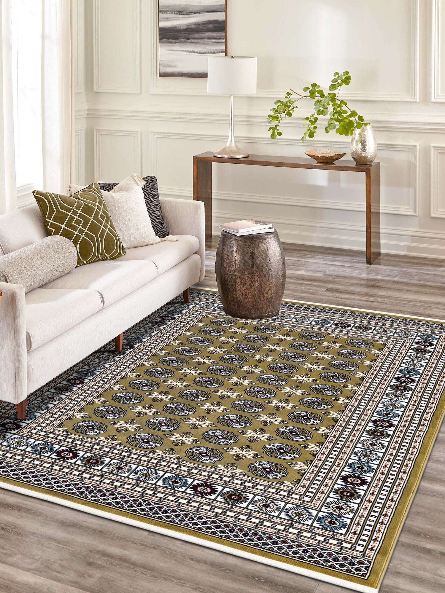 Olive Green 7' 10 x 10' Narenj Rectangle Area Rug 85% Polypropylene & 15% Polyester Traditional Classic Carpet for Living, Dining, Bedrooms, Office for Sale at Rug Engine
