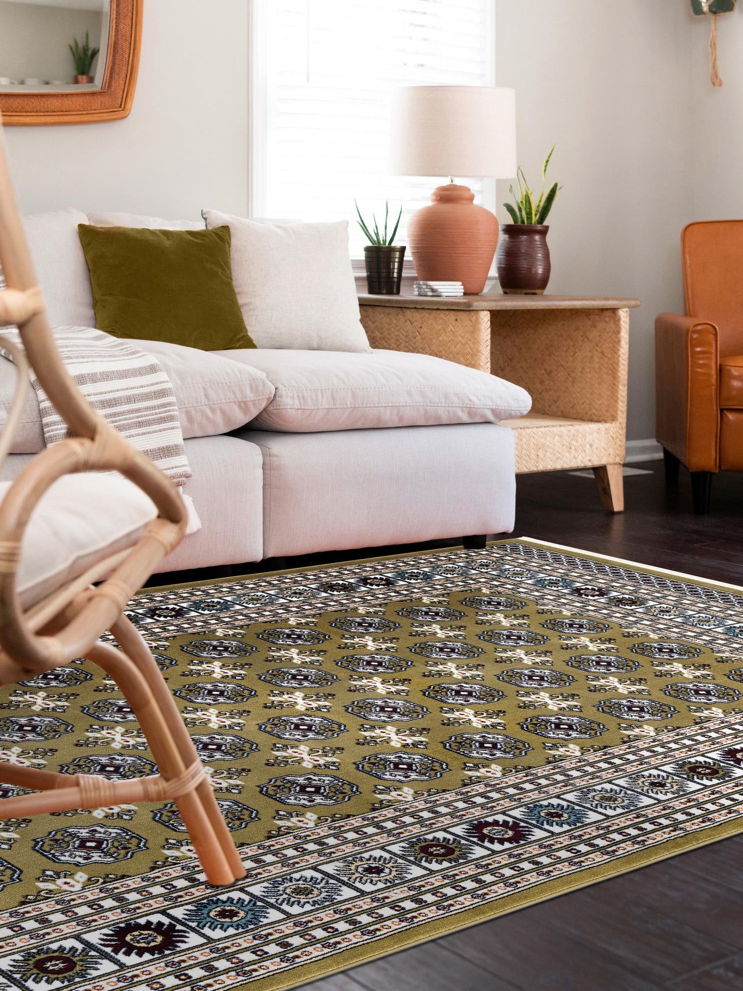 Olive Green 7' 10 x 10' Narenj Rectangle Area Rug 85% Polypropylene & 15% Polyester Traditional Classic Carpet for Living, Dining, Bedrooms, Office for Sale at Rug Engine
