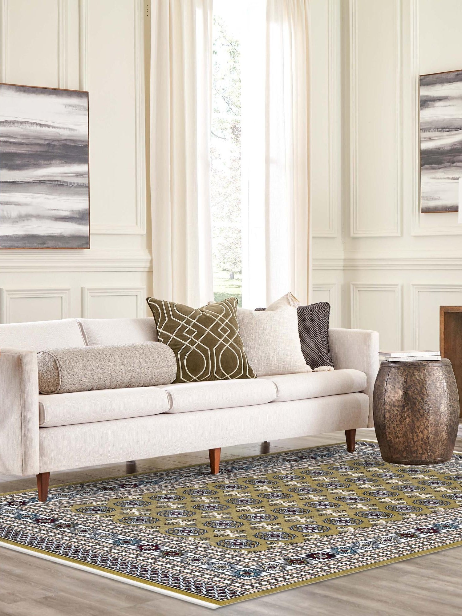 Olive Green 7' 10 x 10' Narenj Rectangle Area Rug 85% Polypropylene & 15% Polyester Traditional Classic Carpet for Living, Dining, Bedrooms, Office for Sale at Rug Engine