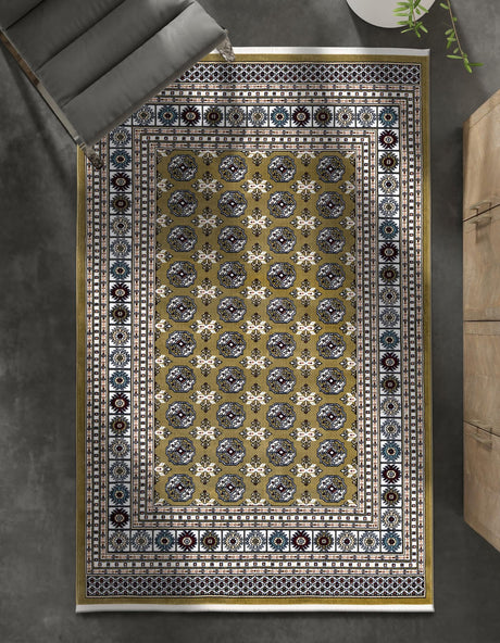 Olive Green 4' 1 x 6' 1 Narenj Rectangle Area Rug 85% Polypropylene & 15% Polyester Traditional Classic Carpet for Living, Dining, Bedrooms, Office for Sale at Rug Engine