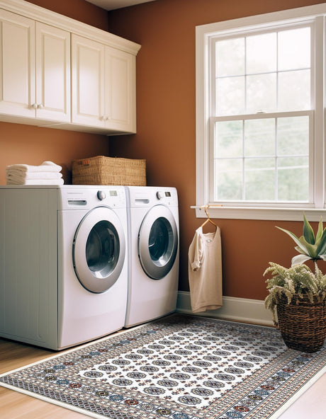 Beige and Cream 7' 10 x 10' Narenj Rectangle Area Rug 85% Polypropylene & 15% Polyester Traditional Classic Carpet for Living, Dining, Bedrooms, Office for Sale at Rug Engine