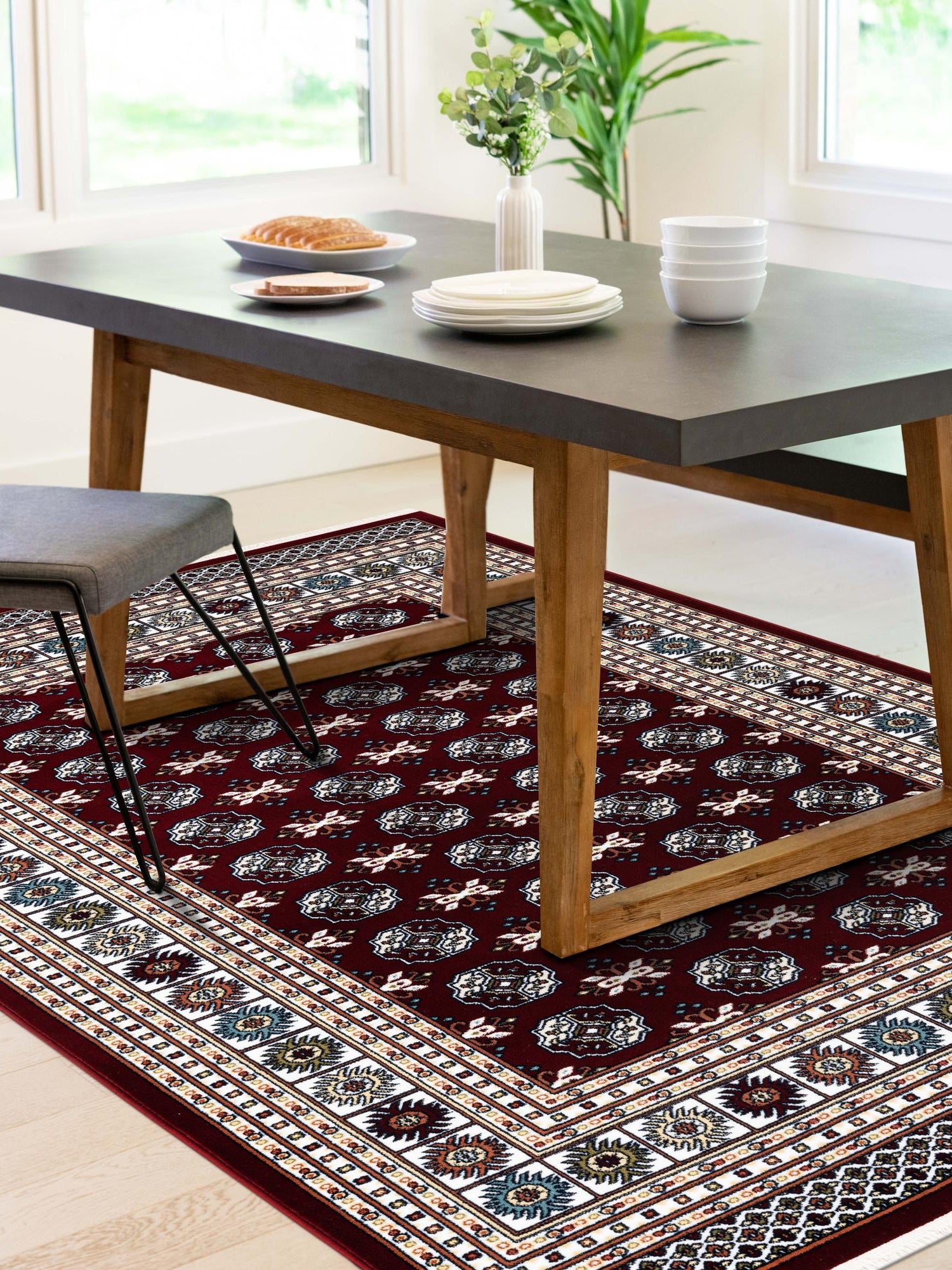 Burgundy Red 4' 1 x 6' 1 Narenj Rectangle Area Rug 85% Polypropylene & 15% Polyester Traditional Classic Carpet for Living, Dining, Bedrooms, Office for Sale at Rug Engine