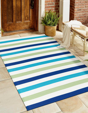 Blue and Green 4' 1 x 6' 1 Vista Breeze Outdoor Rectangle Area Rug Weather Resistant for Patio, Deck, Terrace, Balcony, Porch Colorful Vivid Modern Outside Carpet for Sale at Rug Engine