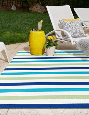 Blue and Green 4' 1 x 6' 1 Vista Breeze Outdoor Rectangle Area Rug Weather Resistant for Patio, Deck, Terrace, Balcony, Porch Colorful Vivid Modern Outside Carpet for Sale at Rug Engine
