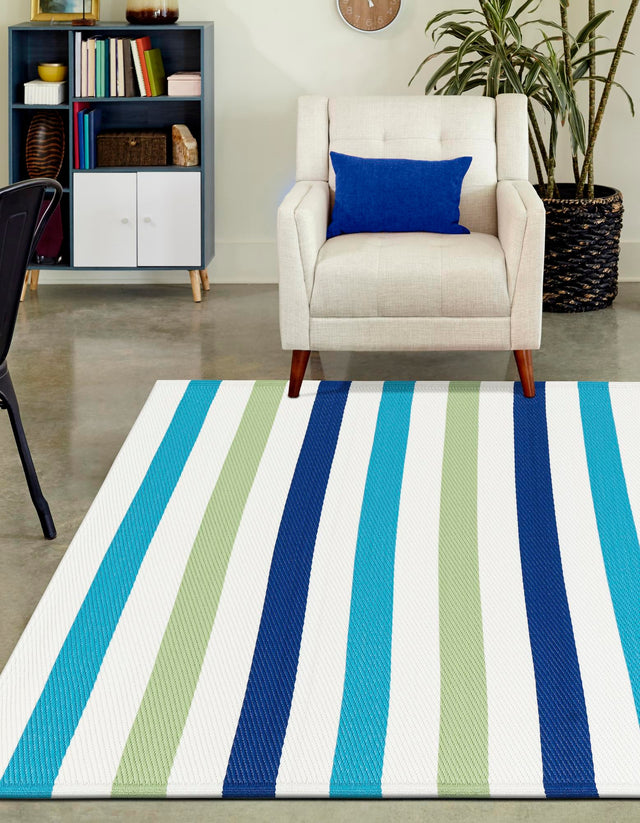 Blue and Green 4' 1 x 6' 1 Vista Breeze Outdoor Rectangle Area Rug Weather Resistant for Patio, Deck, Terrace, Balcony, Porch Colorful Vivid Modern Outside Carpet for Sale at Rug Engine