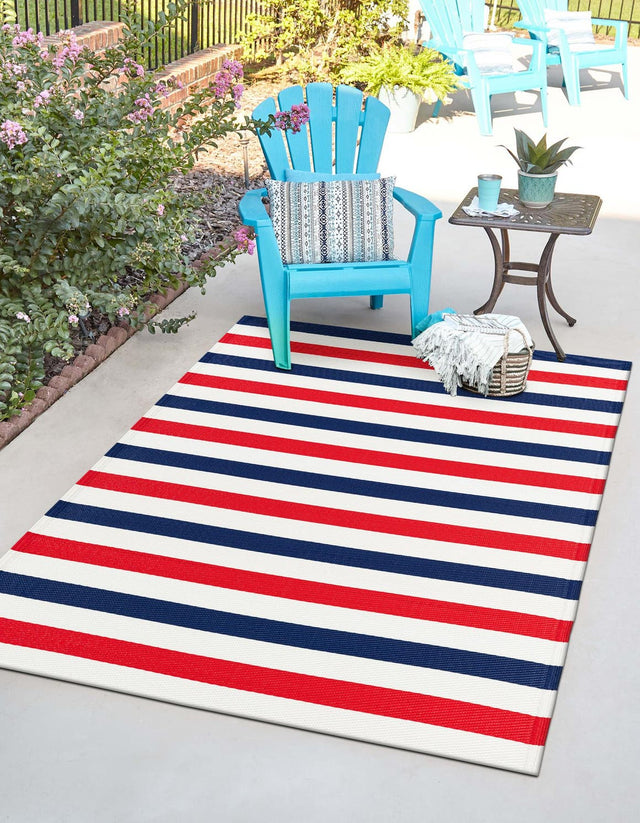 Navy Bue and Red 4' 1 x 6' 1 Vista Breeze Outdoor Rectangle Area Rug Weather Resistant for Patio, Deck, Terrace, Balcony, Porch Colorful Vivid Modern Outside Carpet for Sale at Rug Engine
