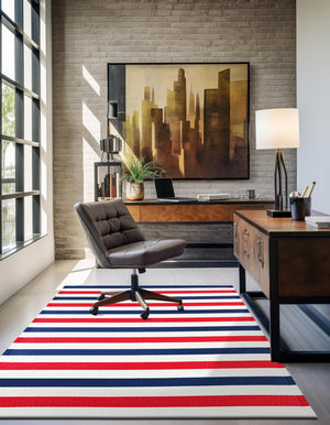 Navy Bue and Red 4' 1 x 6' 1 Vista Breeze Outdoor Rectangle Area Rug Weather Resistant for Patio, Deck, Terrace, Balcony, Porch Colorful Vivid Modern Outside Carpet for Sale at Rug Engine
