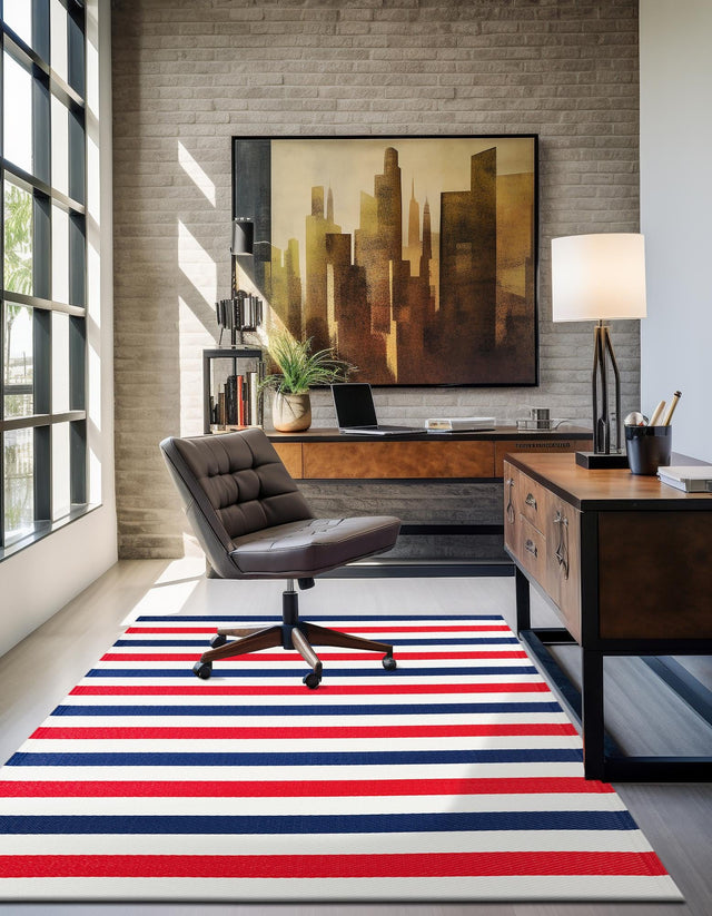 Navy Bue and Red 4' 1 x 6' 1 Vista Breeze Outdoor Rectangle Area Rug Weather Resistant for Patio, Deck, Terrace, Balcony, Porch Colorful Vivid Modern Outside Carpet for Sale at Rug Engine