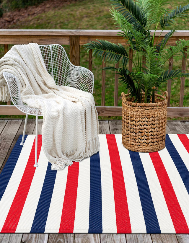 Navy Bue and Red 4' 1 x 6' 1 Vista Breeze Outdoor Rectangle Area Rug Weather Resistant for Patio, Deck, Terrace, Balcony, Porch Colorful Vivid Modern Outside Carpet for Sale at Rug Engine