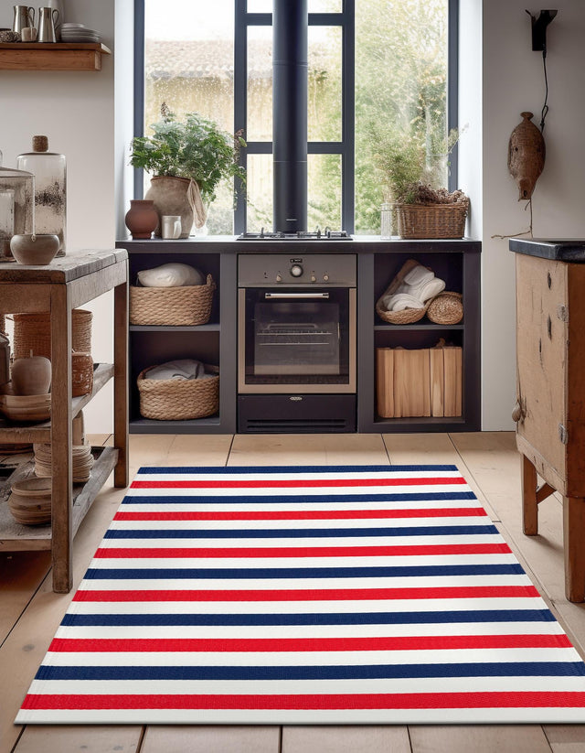 Navy Bue and Red 4' 1 x 6' 1 Vista Breeze Outdoor Rectangle Area Rug Weather Resistant for Patio, Deck, Terrace, Balcony, Porch Colorful Vivid Modern Outside Carpet for Sale at Rug Engine