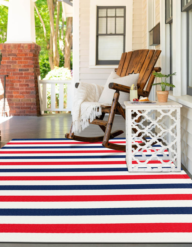 Navy Bue and Red 4' 1 x 6' 1 Vista Breeze Outdoor Rectangle Area Rug Weather Resistant for Patio, Deck, Terrace, Balcony, Porch Colorful Vivid Modern Outside Carpet for Sale at Rug Engine