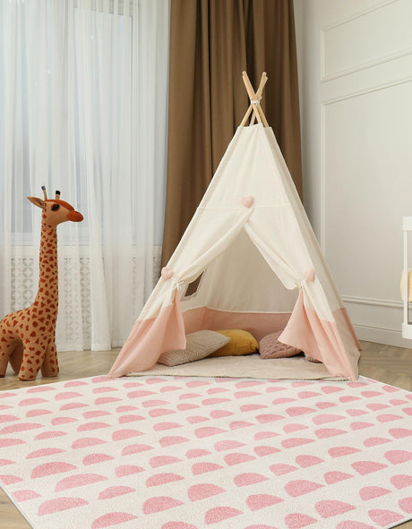 Ivory and Pink 5' 1 x 8' Whimsy Kids Rectangle Area Rug for Baby Nursery, Toddler Playroom, Bedrooms