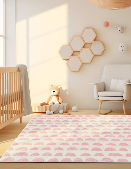 Ivory and Pink 5' 1 x 8' Whimsy Kids Rectangle Area Rug for Baby Nursery, Toddler Playroom, Bedrooms