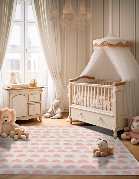 Ivory and Pink 5' 1 x 8' Whimsy Kids Rectangle Area Rug for Baby Nursery, Toddler Playroom, Bedrooms