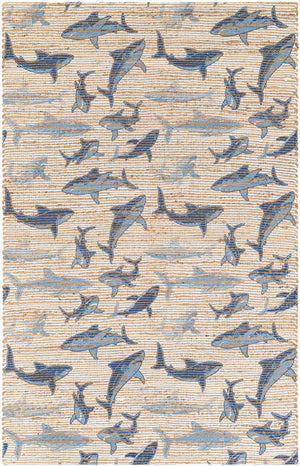 Ivory and Blue 4' 1 x 6' 1 Chenille Jute Rectangle Area Rug Vintage Distressed Boho All Natural Eco-Friendly Sustainable Carpet for Living Dining Office Dorm Rooms for Sale at Rug Engine