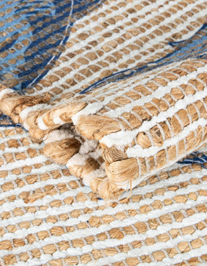 Ivory and Blue 4' 1 x 6' 1 Chenille Jute Rectangle Area Rug Vintage Distressed Boho All Natural Eco-Friendly Sustainable Carpet for Living Dining Office Dorm Rooms for Sale at Rug Engine