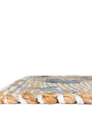 Ivory and Blue 4' 1 x 6' 1 Chenille Jute Rectangle Area Rug Vintage Distressed Boho All Natural Eco-Friendly Sustainable Carpet for Living Dining Office Dorm Rooms for Sale at Rug Engine