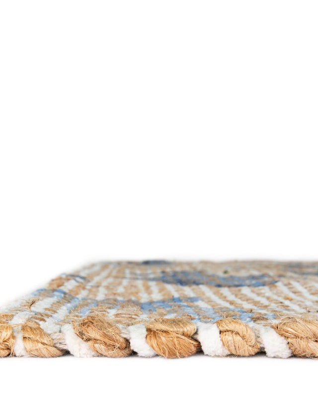 Ivory and Blue 4' 1 x 6' 1 Chenille Jute Rectangle Area Rug Vintage Distressed Boho All Natural Eco-Friendly Sustainable Carpet for Living Dining Office Dorm Rooms for Sale at Rug Engine