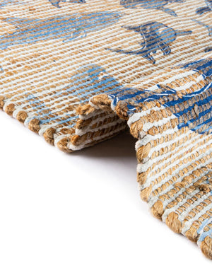 Ivory and Blue 4' 1 x 6' 1 Chenille Jute Rectangle Area Rug Vintage Distressed Boho All Natural Eco-Friendly Sustainable Carpet for Living Dining Office Dorm Rooms for Sale at Rug Engine
