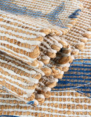 Ivory and Blue 4' 1 x 6' 1 Chenille Jute Rectangle Area Rug Vintage Distressed Boho All Natural Eco-Friendly Sustainable Carpet for Living Dining Office Dorm Rooms for Sale at Rug Engine