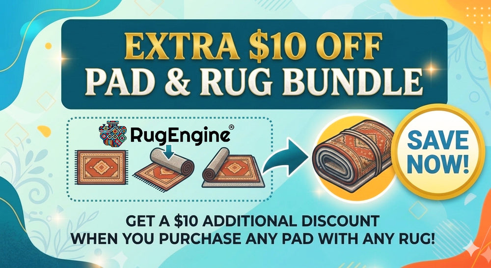Promotional banner for RugEngine with text about an extra $10 off pad and rug bundle offer.