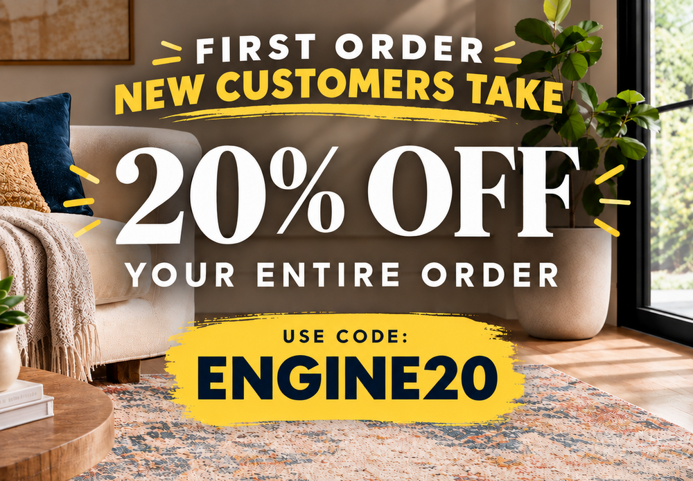 Promotional graphic for Rug Engine.com with a living room scene and large text reading 'FIRST ORDER NEW CUSTOMERS TAKE 20% OFF YOUR ENTIRE ORDER' and 'USE CODE: ENGINE20'.